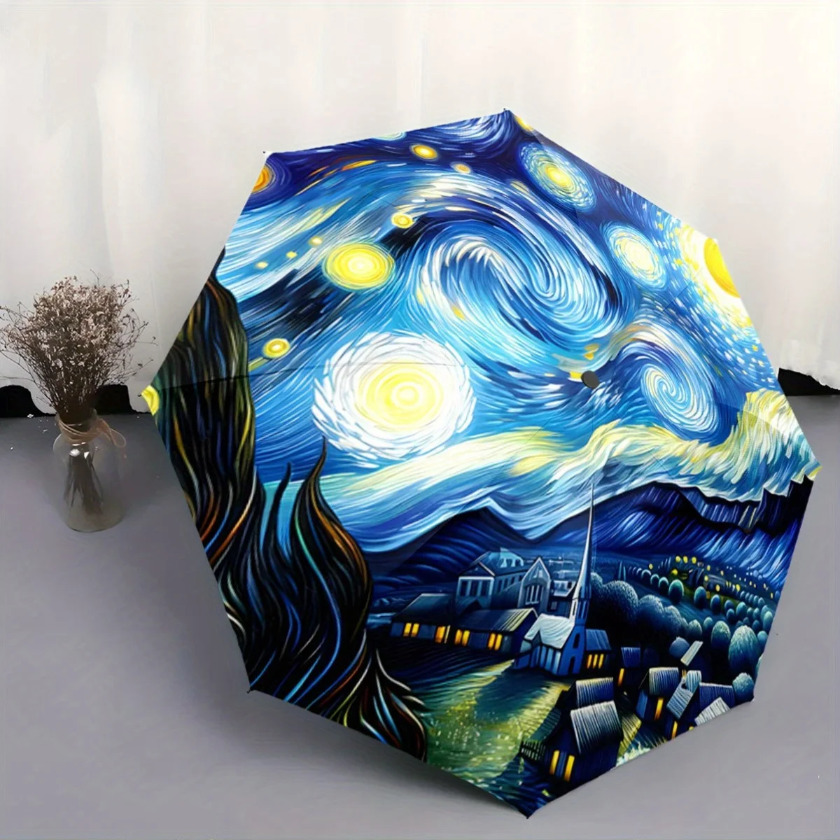 Van Gogh Starry Night inspirierter faltbarer Regenschirm – automatisches Öffnen/Schließen, kompakter Reiseschirm mit, Ganzjahresgebrauch, perfekt