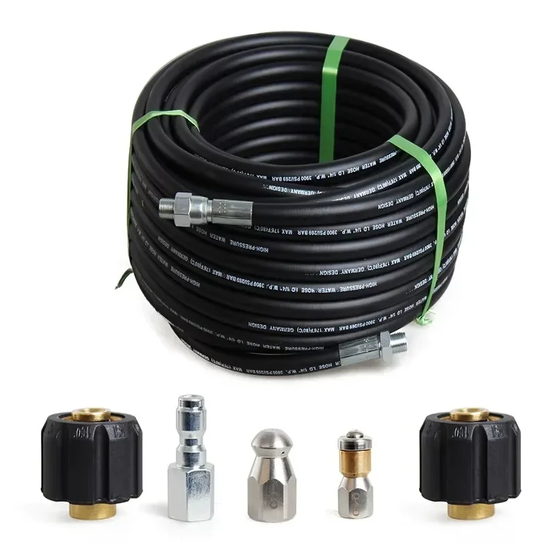 Sewer Jetter Kit 100FT 5800PSI Drain Cleaner Hose 1/4 Inch NPT Corner Rotating and Button Nose Sewer Jetting Nozzle