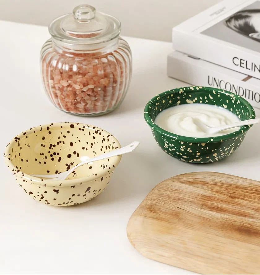 New Japanese Korean Style Ink Splash Enamel Bowl with Lid Food Grade Thickened Storage Bowl for Kitchen Food Container