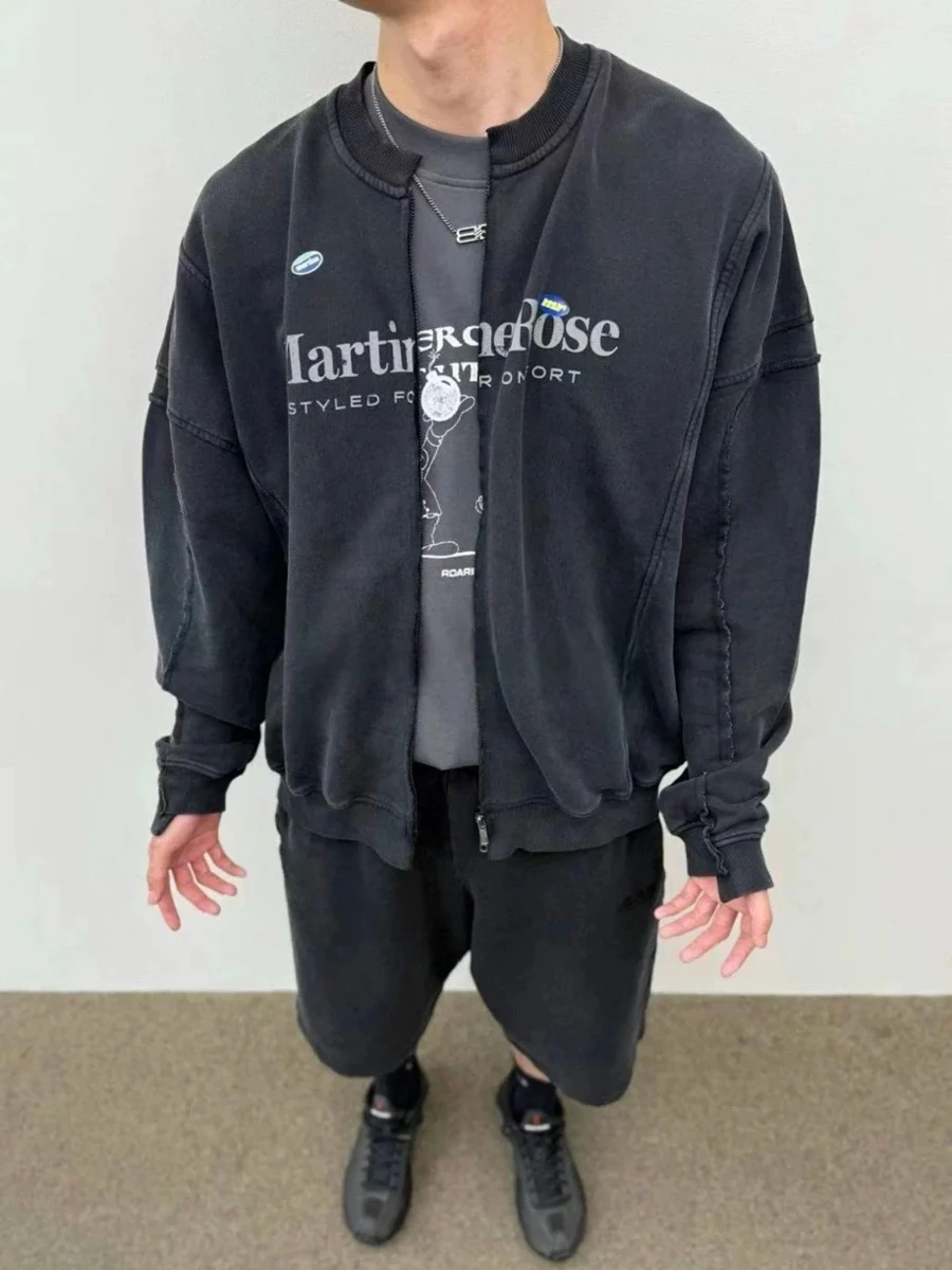 

High Quali e Rose Waed out Decosed Letter Casual Loose Zipper Hoodie Jaet Men's Comfortable Regular Fit Long S...