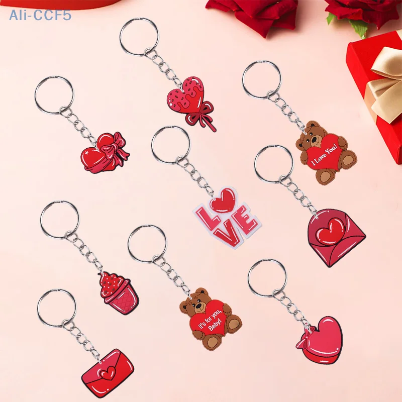 Creative Valentines Day Heart Keychains Bulk Red Heart Shaped Ornaments With Keyrings Bag Charms 1/9Pcs