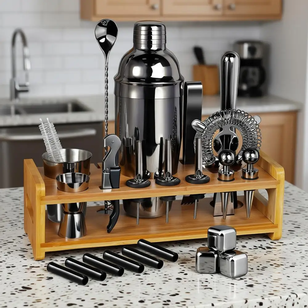 

Набор для приготовления коктейлей из 26 предметов: шейкер и аксессуары для бармена | Набор для бара из нержавеющей стали с бамбуковой подставкой | Набор для приготовления коктейлей для домашнего бара и вечеринок