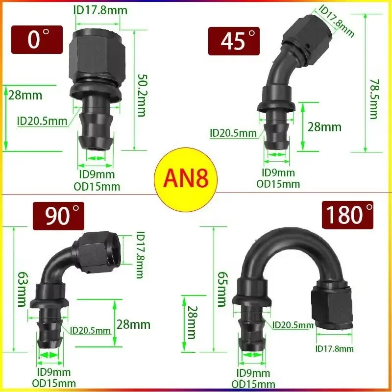 0° 45° 90° 180 Degree Internal Thread Rotatable Push Lock Hose End Fitting AN4 AN6 AN8 AN10 AN12 Push-on Hose Connector