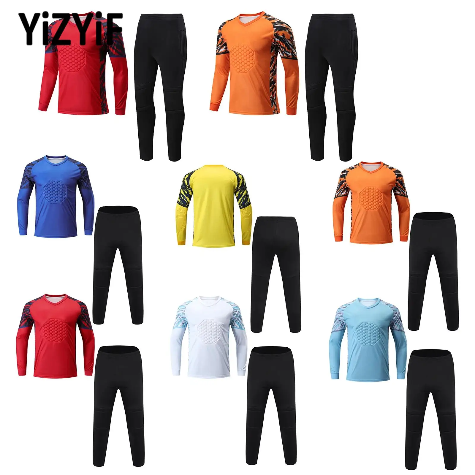 

Kids Two Piece Sportswear Boys Football Goalkeeper Jerseys Tracksuit Long Sleeve Tops with Elastic Waistband Pants for Training
