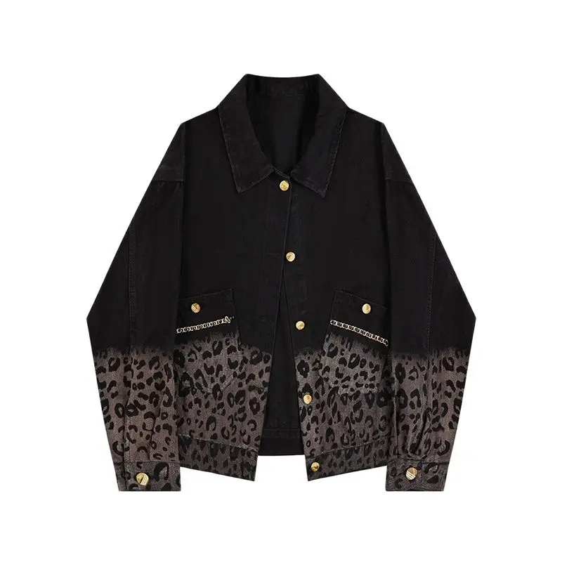 

Women's New Casual Black American Retro Leopard Pattern Contrast Denim Coat High Street Chain Fashion Short Jacket Top