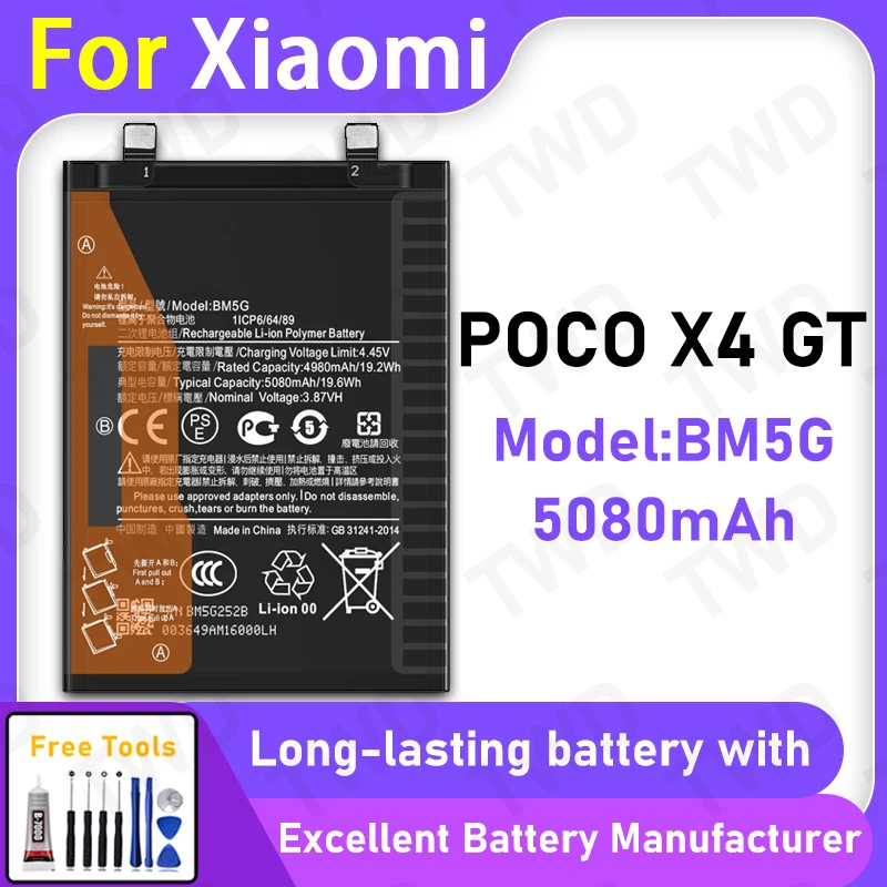 

100% New 5080mAh BM5G Battery For Xiaomi POCO X4 GT Replacement Bateria+Free Tools