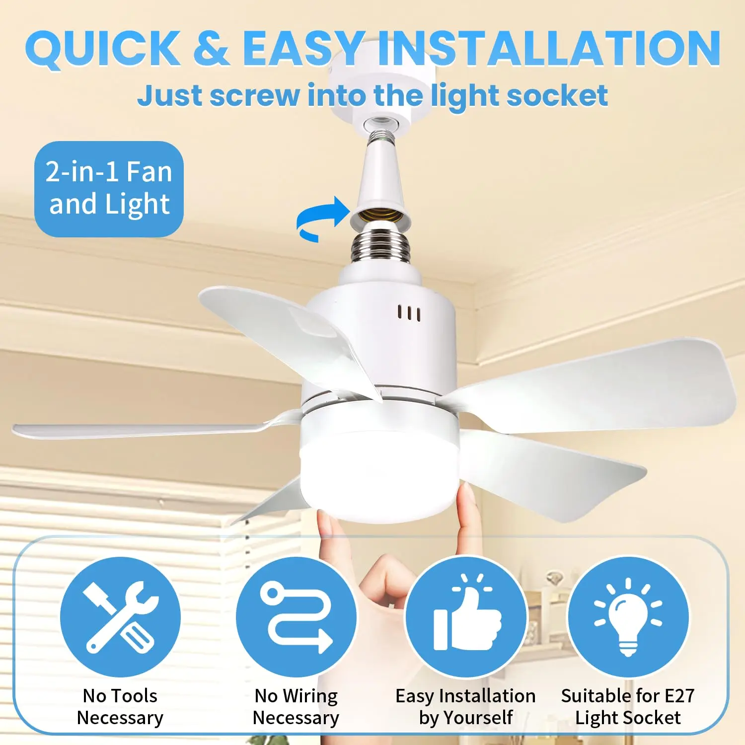E26/E27 Socket LED Fan Light with Remote & APP 52.5cm 4 Speed Socket Ceiling Fans with Lighting Light Bulb Fan for Bedroom Home