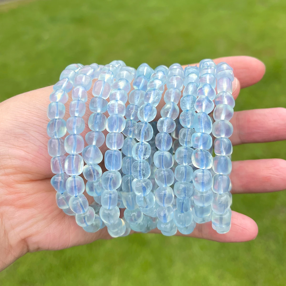 Natural Aquamarine Sugar Bead Bracelet Natural Stone Beaded Bracelet Stainless Steel Jewelry Fashion Gift for Women Men Handmade