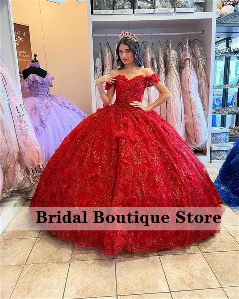 Prinses Rood Jurken 2022 Off Shoulder Sparkly Pailletten Applicaties Party Sweet 16 Jurken Lace-Up Custom