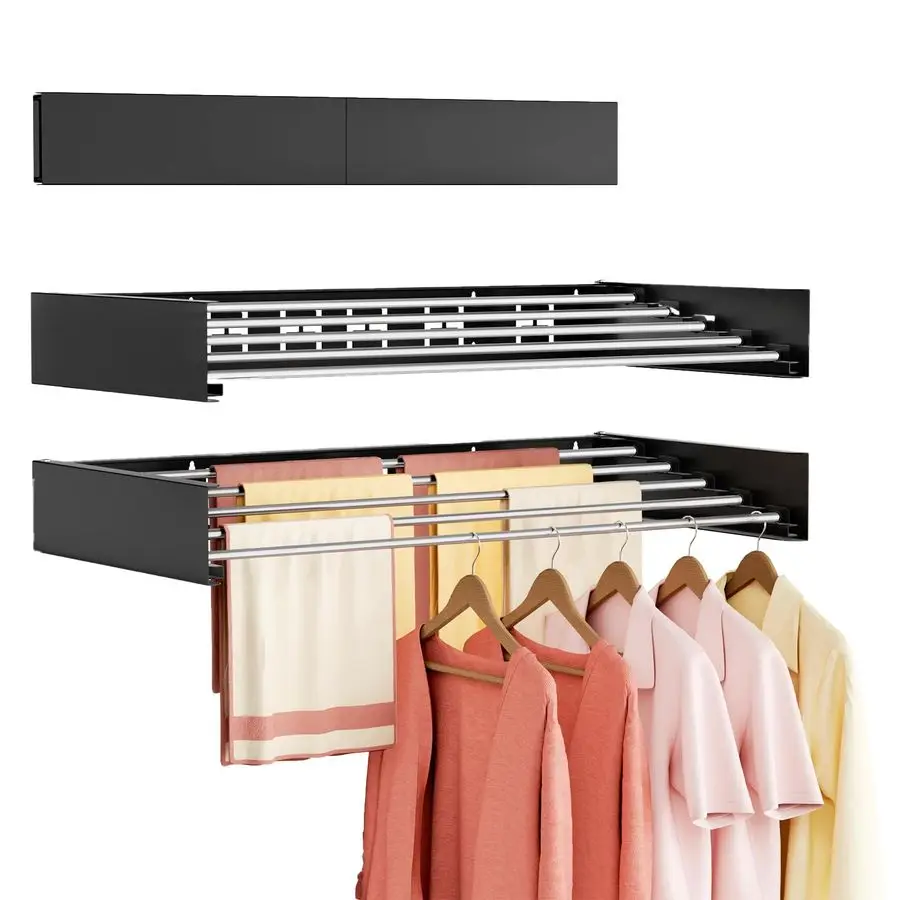 

Mounted Clothes Drying Rack Folding Indoor, Foldable Laundry Drying Rack Collapsible,Invisible, Space Saving, Retractable Towel