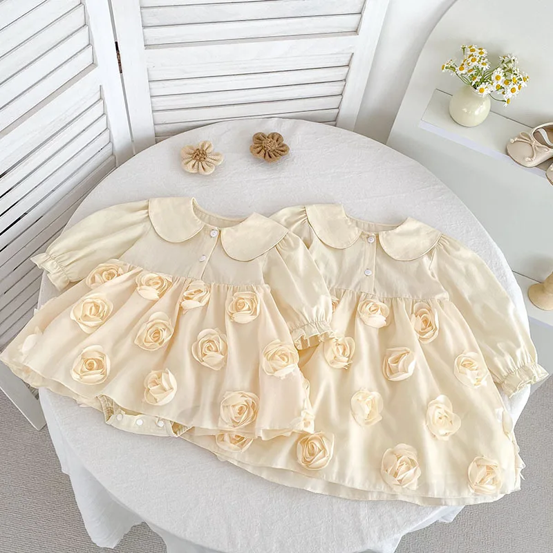 

Autumn New Girls' Dress Sweet Three-Dimensional Flower Baby Romper Long Sleeve Princess Dress Sister Outfit