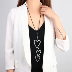 ALLYES Big Hollow Silver Color Love Heart Pendant Necklaces for Women Fashion Boho Black Long Leather Necklace Female Jewelry