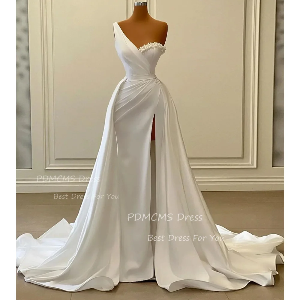 

Elegant Simple One Shoulder Mermaid Sleeveless Wedding Dresses Luxurious Sexy High Split Bride Dress Floor Length Bridal Gown