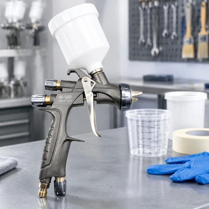 Air-Powered Paint Applicator with Variable Nozzle Orientation, Integrated Hook, and Top Cup for Automotive and Leather Coating
