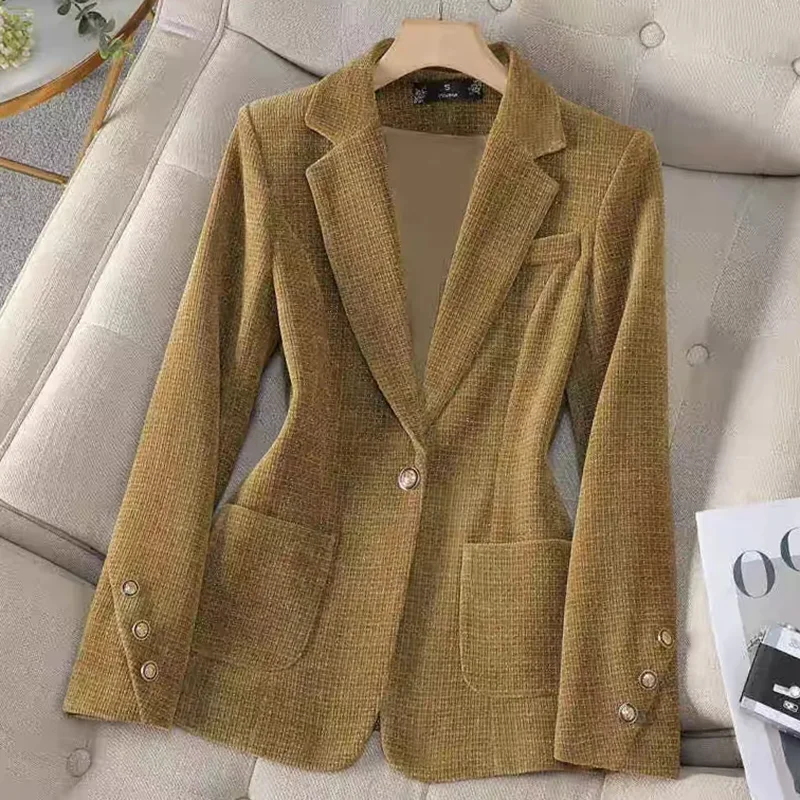 ผู้หญิงใหม่ Blazer High-End แขนยาวผ้าไหมฤดูใบไม้ผลิและฤดูใบไม้ร่วงแจ็คเก็ตอารมณ์ JOKER หนึ่งปุ่มเสื้อแฟชั่น
