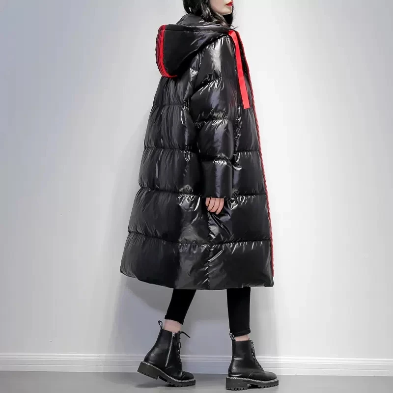 Black Glossy 90%White duck down Jacket Women\'s 2024 Winter New Korean Ladies Hooded Down Coats Thicken Long Parkas Overcoat