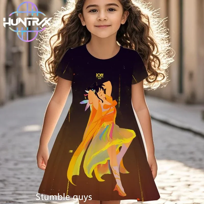 فستان Kpop Demon Hunters للفتيات الصغيرات مريح للصيف برسوم كارتونية وأكمام قصيرة للشاطئ كاجوال