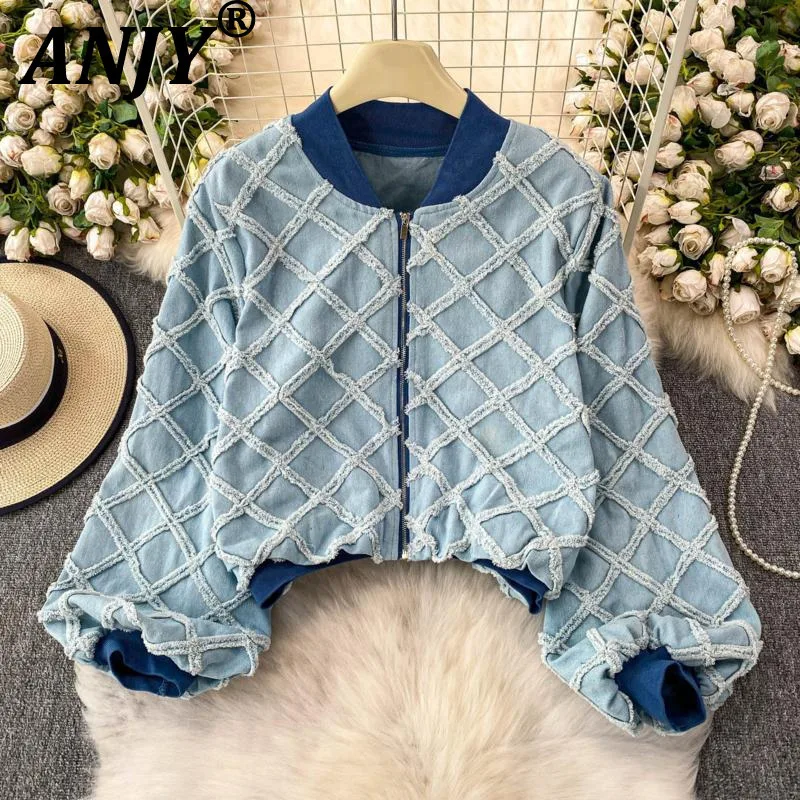 

ANJY Autumn New Women Tide Jacket Three-dimensional Plaid Patchwork Denim Stand Collar Zipper High Street Elegant Y2K Coat A9930