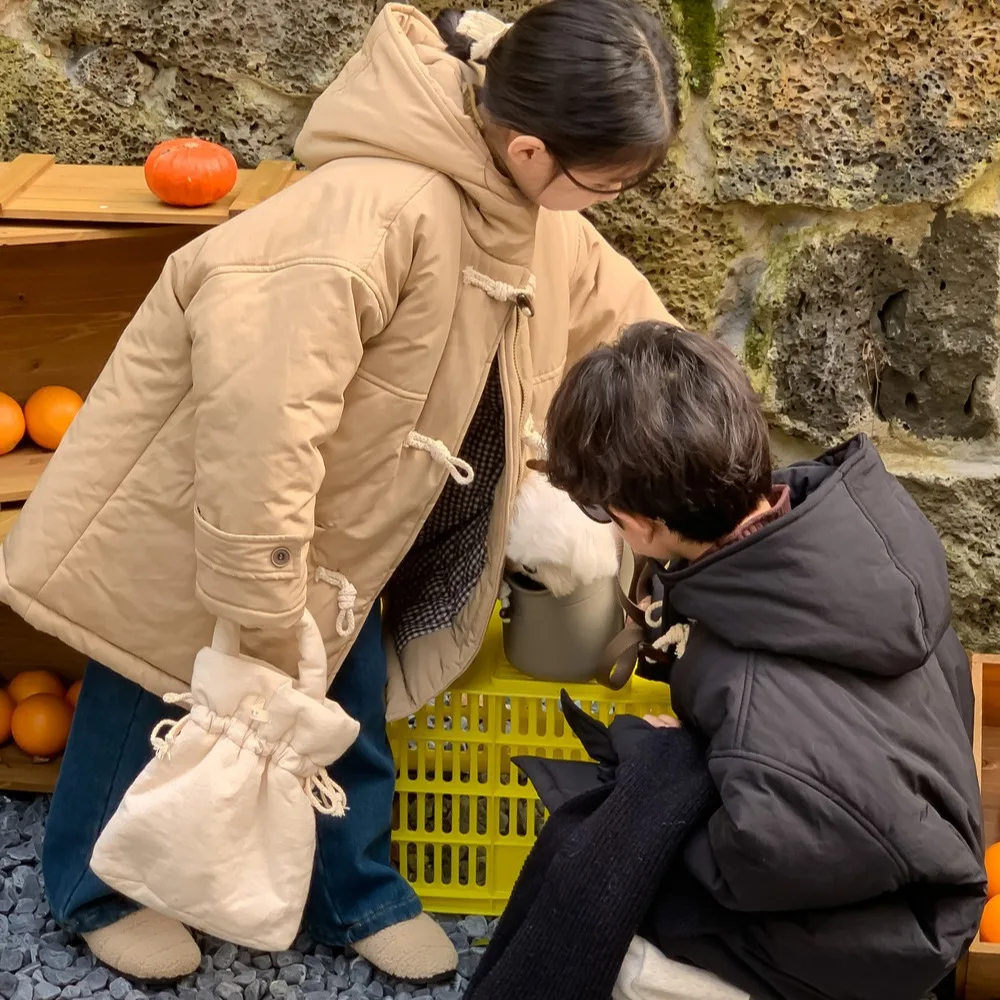 Manteau d\'hiver moyen long pour enfants, sweat à capuche décontracté pour garçons et filles, optique coréenne, bouton en corne, haut pour enfants,