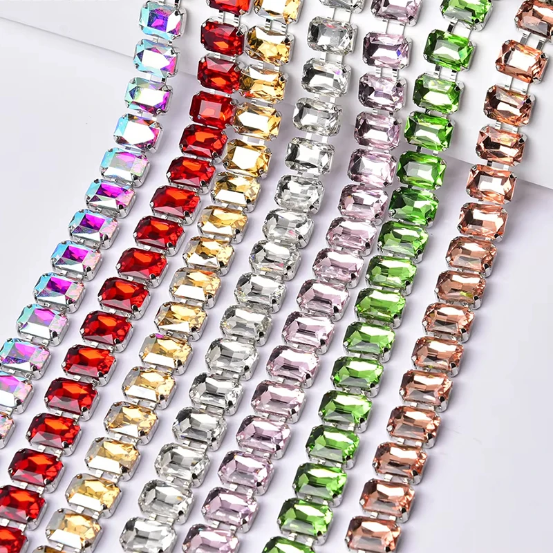 

14mm Width Glass Rectangle Decorative Rhinestone Cup Chain Fancy Crystal Metal Trim Sew on Clothing Belt Diy Jewelry Accessories