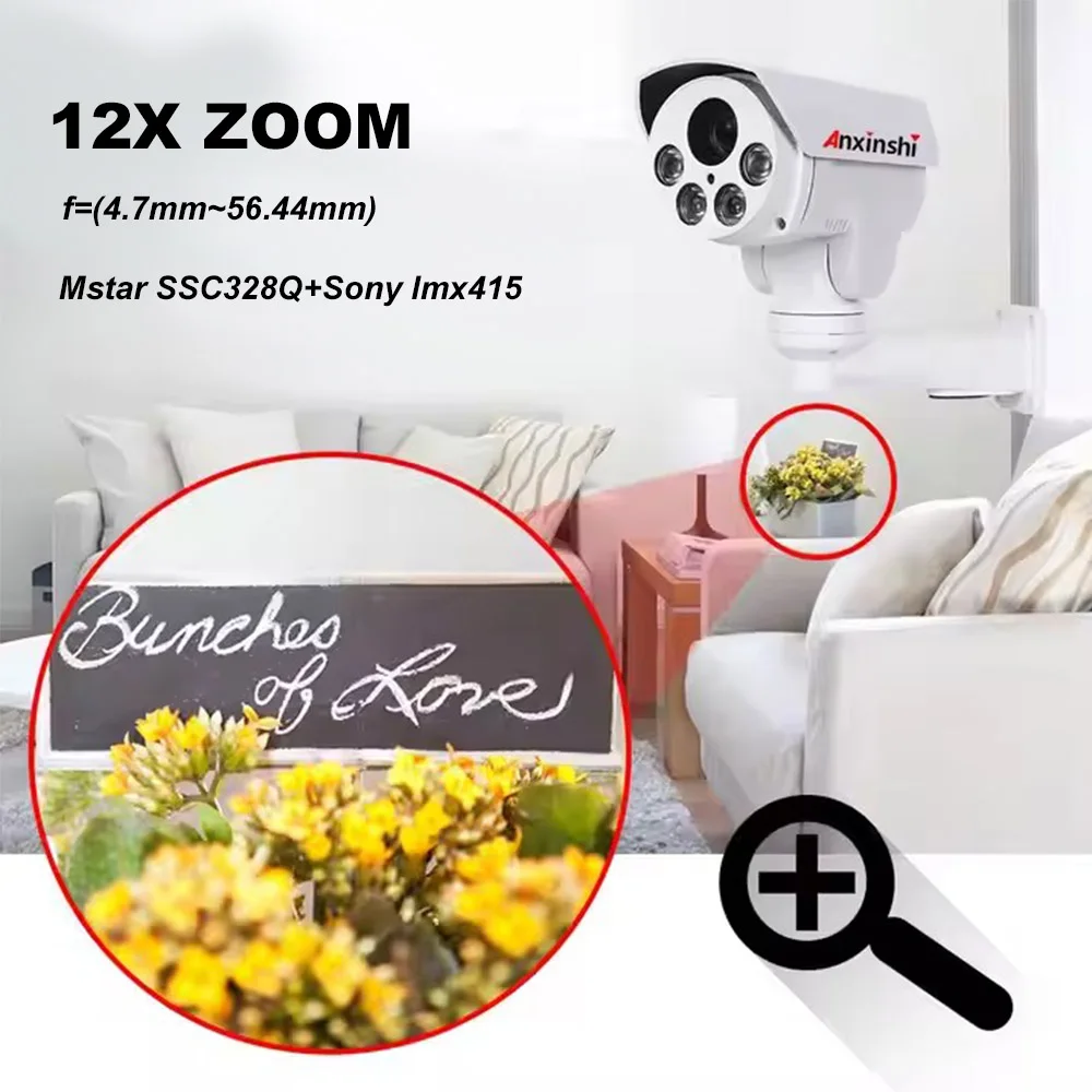 Telecamera bullet PTZ IP IR 8MP 12XZOOM 80M P2P Telecamera di sicurezza IP66 diurna e notturna Telecamera CCTV