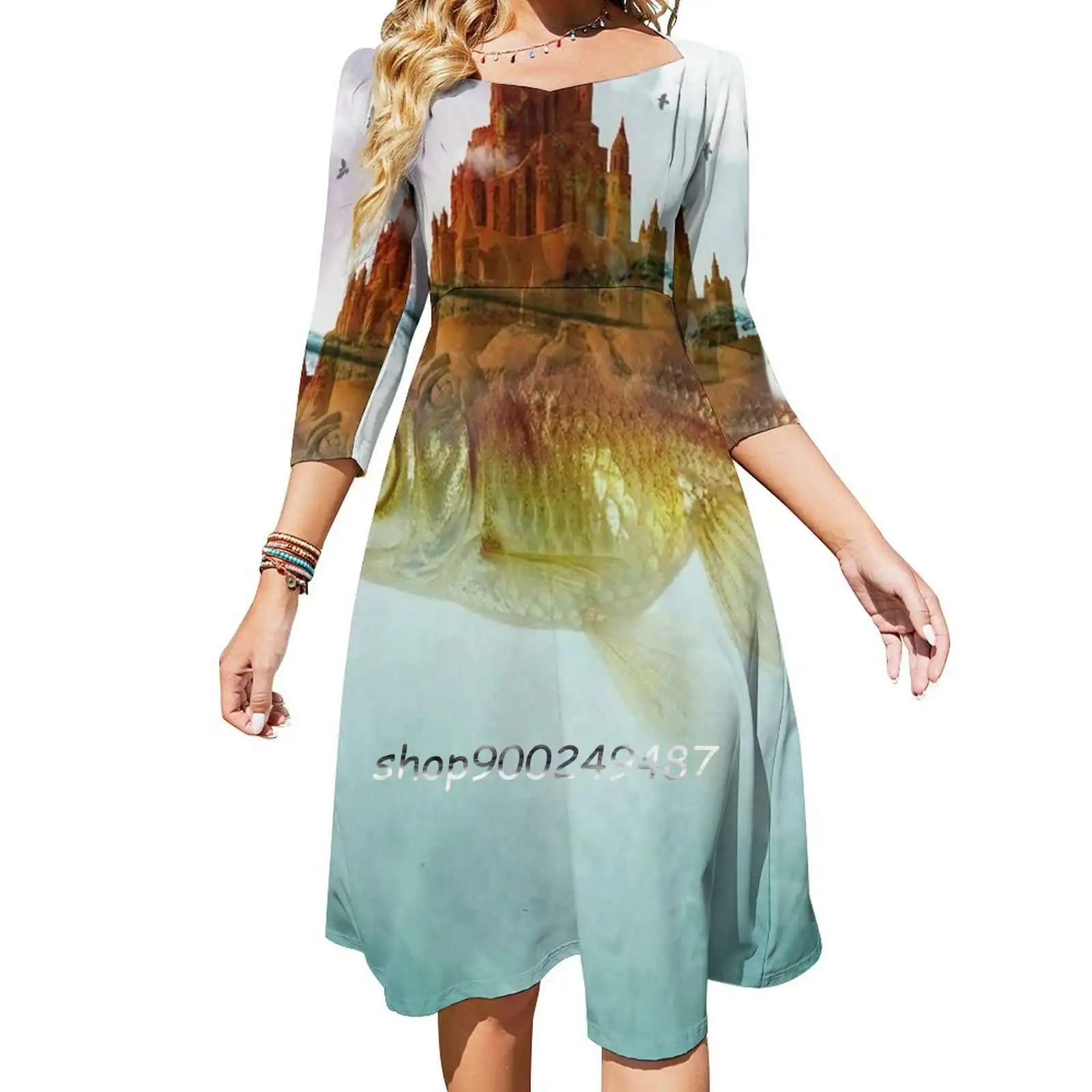 Goldfish Castle Slim Dress With Hollow Waist Autumn Winter Sexy Multiple Styles Dresseses Digital Goldfish Fish Castle Surreal