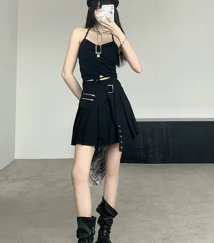 Hög midja Asymmetrisk lapptäcke Minikjol för kvinnor Sommar Mörk Cool Söt Design Punk Stil Svart Kort Bomull Stickad Kjol 10 best sales Maxi Mall - №9