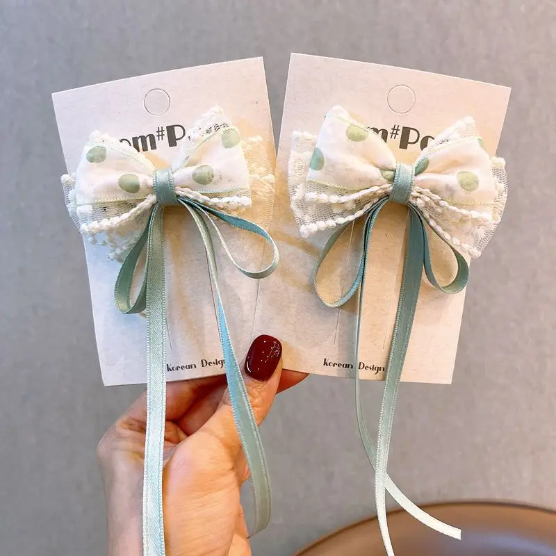 2-teiliges Damen-Haarspangen-Set, gepunktetes Garn, Spitze, Schleife, Band, niedlich, Kawaii, süße Haarnadeln, modische Haar-Accessoires für Kinder