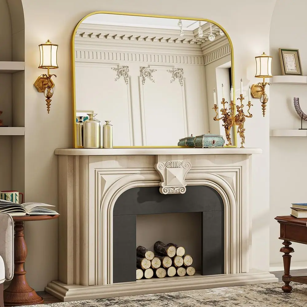 Espelho de banheiro superior curvo 38x30 com moldura larga, moldura de alumínio, adequado para sala de estar, quarto e entrada