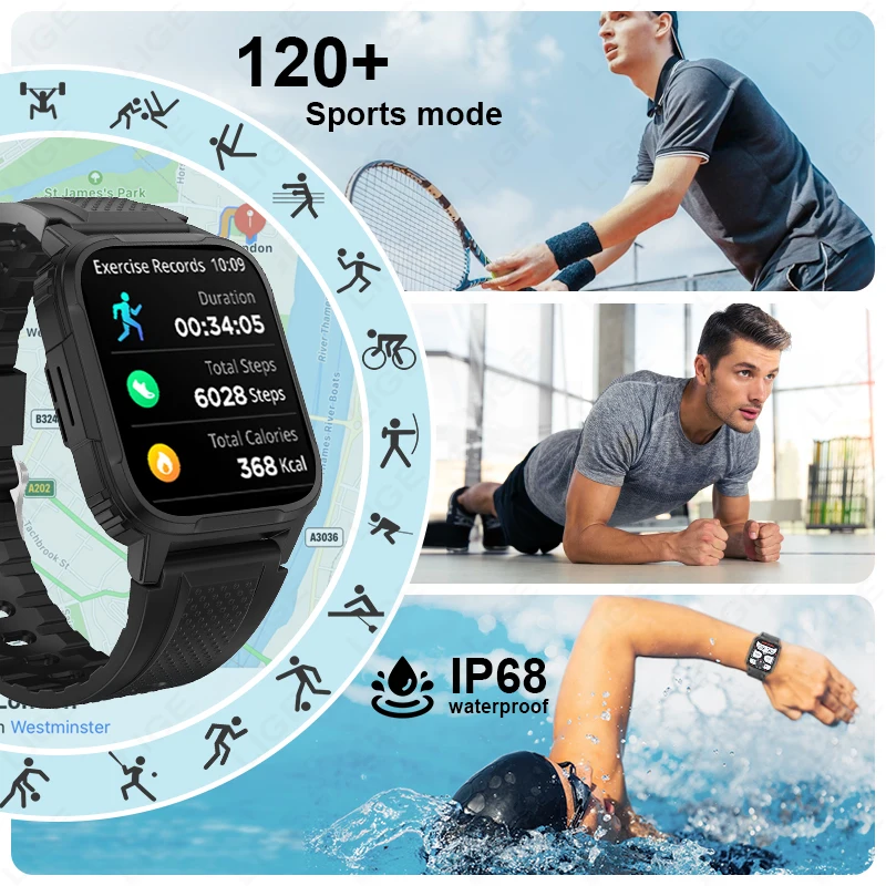 LIGE jam tangan pintar pria, panggilan Bluetooth suara baterai sangat panjang jam tangan jejak kesehatan tidur 1.95 inci layar HD olahraga