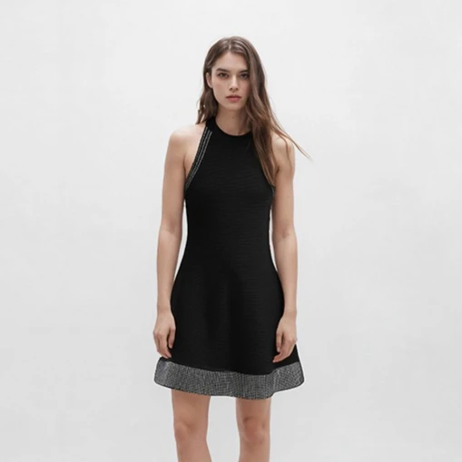

Woman black elegant knitted dress round neck rivet decoration evening birthday party mini dress