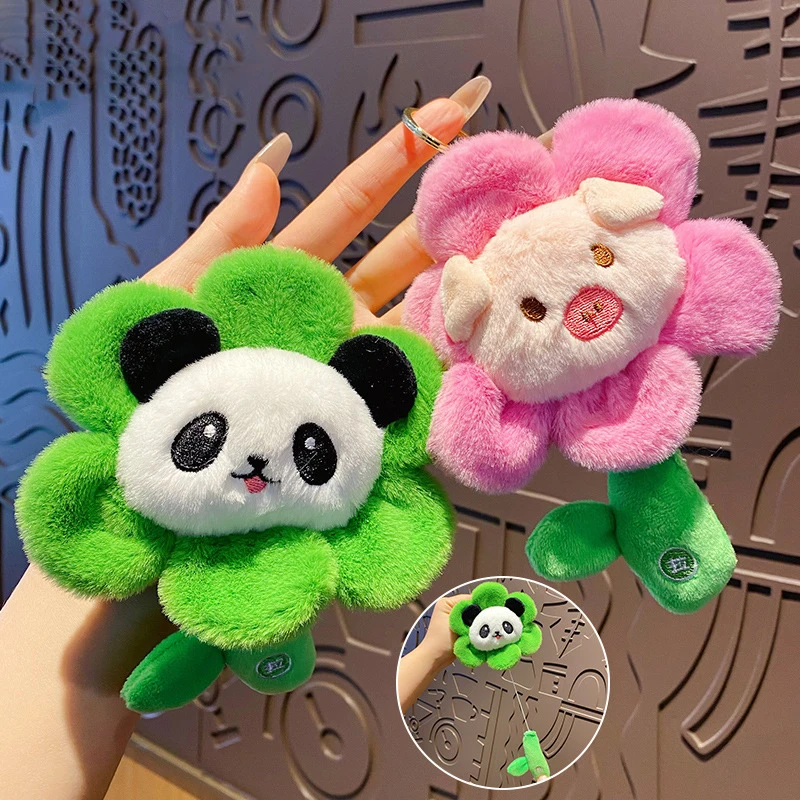 Cartoon Pull Vibration Flower Pet Plush Cat Lamb Doll Key Chain Cute Flower Panda Rabbit Animal Keychain Female Bag Pendant Gift