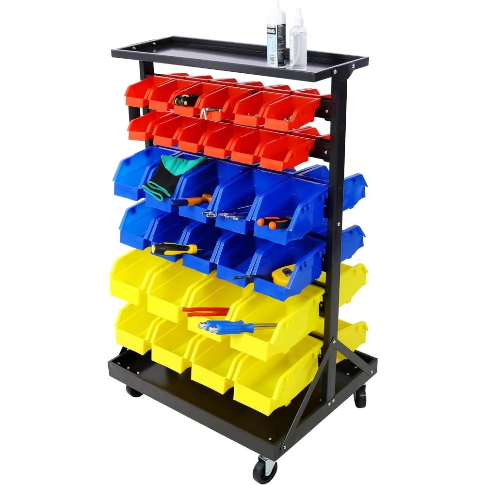 

6-Tier Dual-Sided Rolling Storage Rack with 60 Bins, Heavy Duty Steel Organizer Shelf with Locking Casters, 350 lbs Capacity for