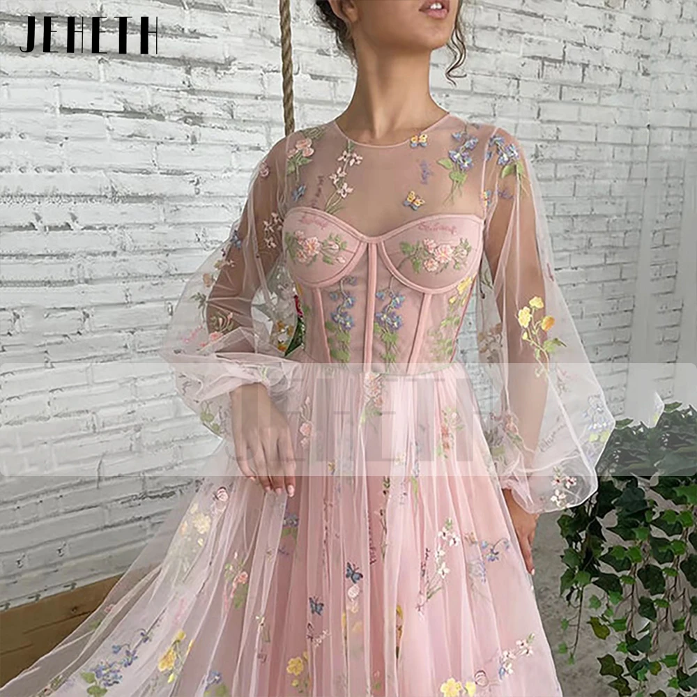 JEHETH Embroidered Lace Tulle Pastoral Prom Dress Fairy Long Sleeves Illusion Back A-Line O-Neck Party Evening Gown Floor Length