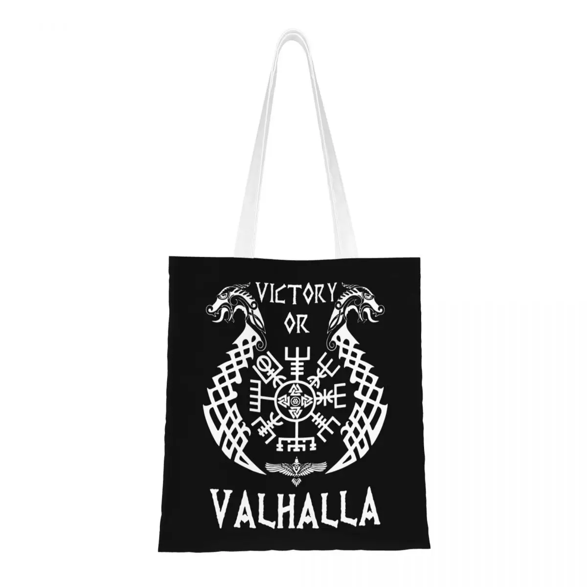 Victory Or Valhalla Viking Canvas Tote Bag Aesthetic Large Capacity Odin Casual Bag for Women Men