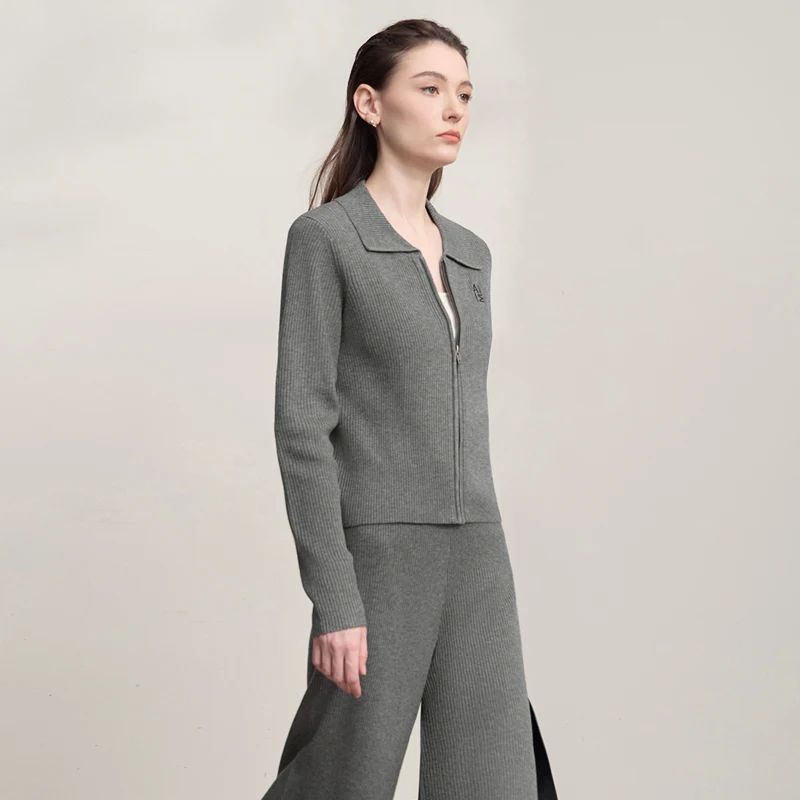 Kardigan damski AMII na jesień 2025, nowy minimalistyczny, casualowy, dopasowany kardigan damski zapinany na zamek, dzianinowy sweter damski z długim rękawem 12543128