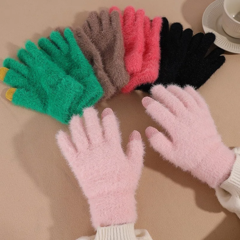 Winter Keep Warm Plus Cashmere Touchscreen Women Solid Elasticity Soft Full Fingers Mittens Gloves Imitation Rabbit Fur Knitted