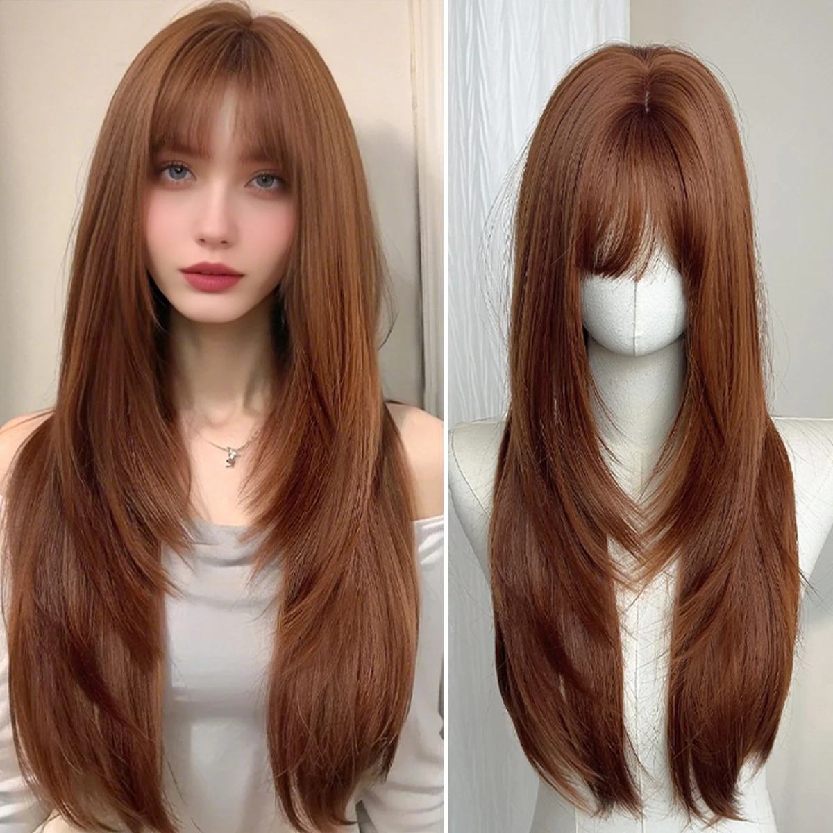 

Synthetic wig women's long straight hair modification age-reducing orange brown layered headgear wig for Halloween party use