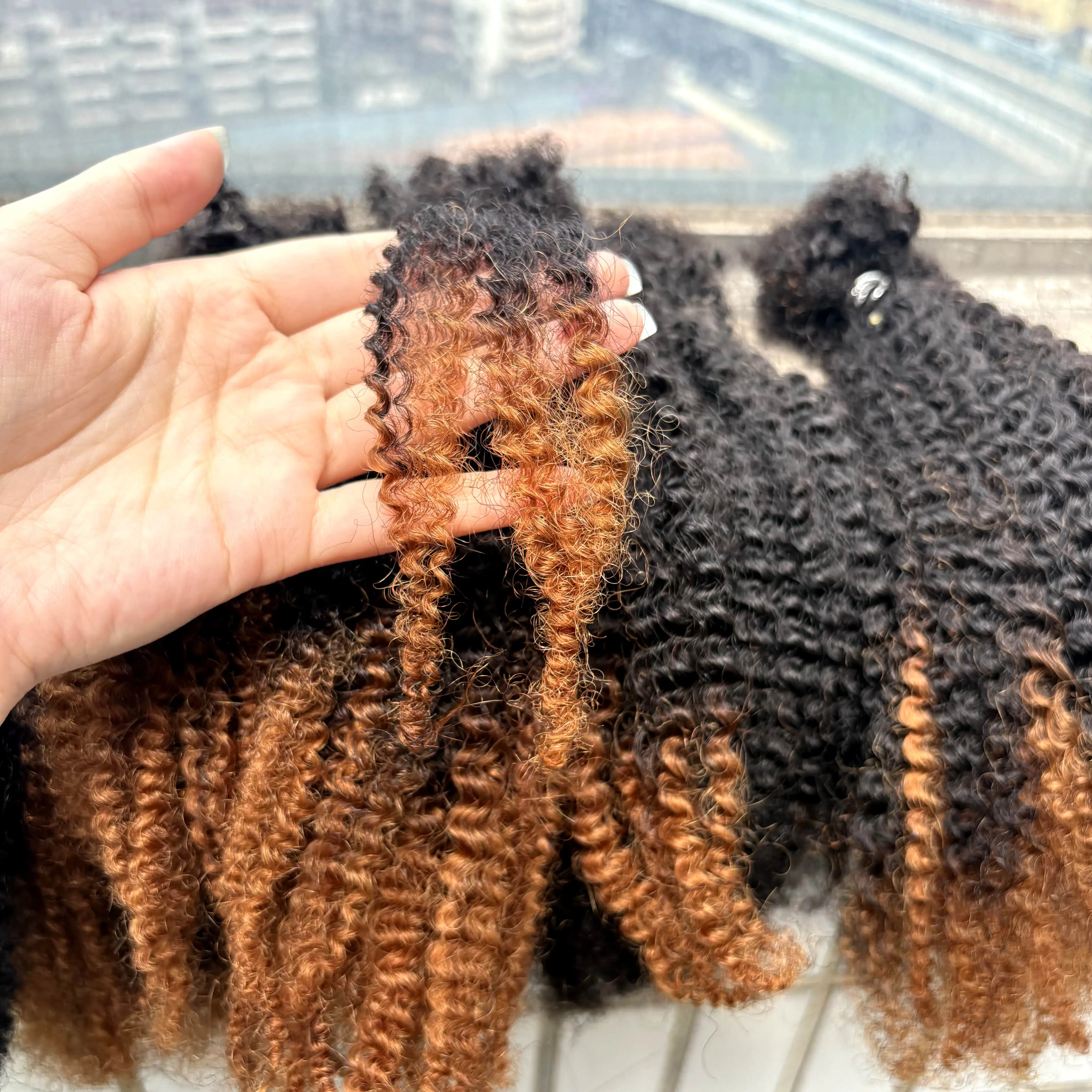 16Inch 30g/Bundle Ombre Afro Kinky Curly Human Hair Bulk Extension No Weft for Permanent Micro Locs/Twists/Braids/Repair Locs