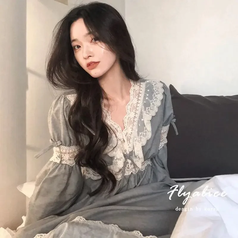 Lace Women Nightgown Korean Style Sleepwear Long Sleeve Night Dress Autumn One Piece Pajamas Solid Home Sleeping Wears New In