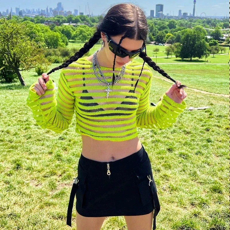 CHEEKDOURL Summer Europe and the United States fashion women\'s mesh perspective stripes crop shirt short bright color top