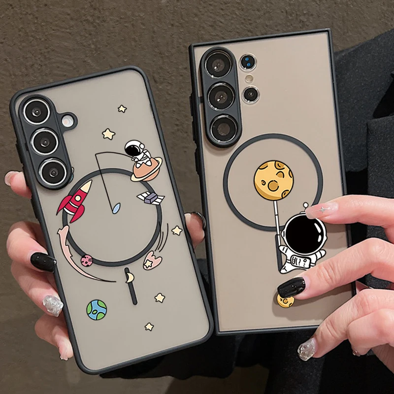 Capa Magnética para Celular com Estampa de Astronauta em Desenho Animado para Samsung Galaxy S26 S25 S24 S23 S22 Ultra Plus S25 Edge S24 S23 FE, Capa de TPU e PC