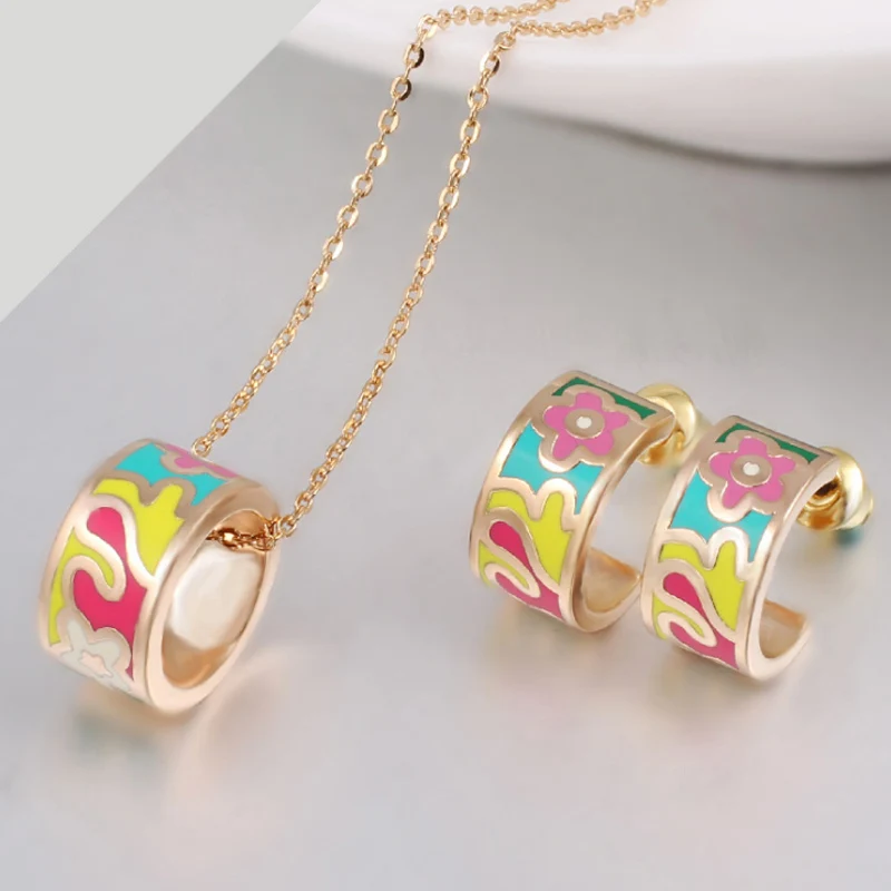 Zlxgirl jewelry Small Colorful Enamel Stainless Steel necklace Earring jewelry sets Fine Women wedding Bridal jewelry sets