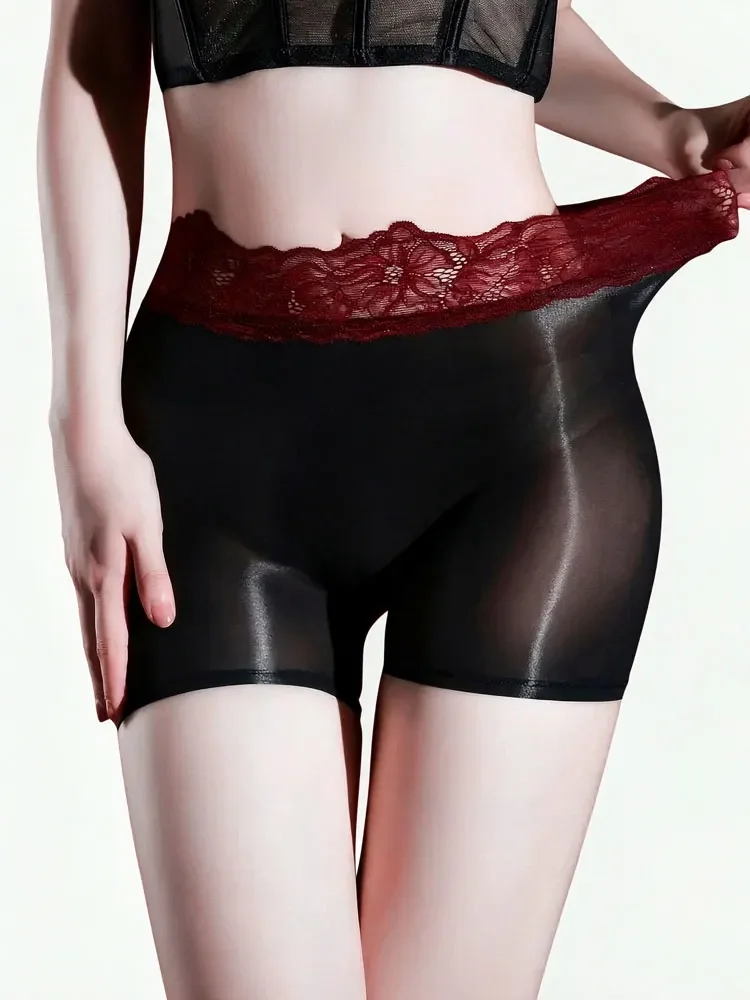 High Lace Waist Women's Panties Elastic Oil Shiny Glossy Slip Boxer Fashion Patchwork Woman Underwear Smooth Shaping Lingerie