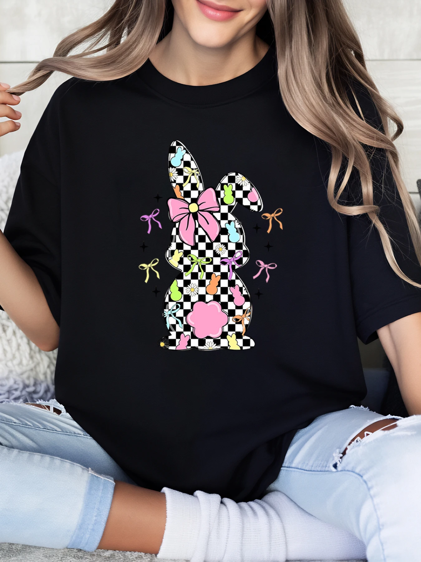 Paashaas Geruit Patroon T-shirt Pasen Dames Vrijetijdskleding Zwart Plus-Size