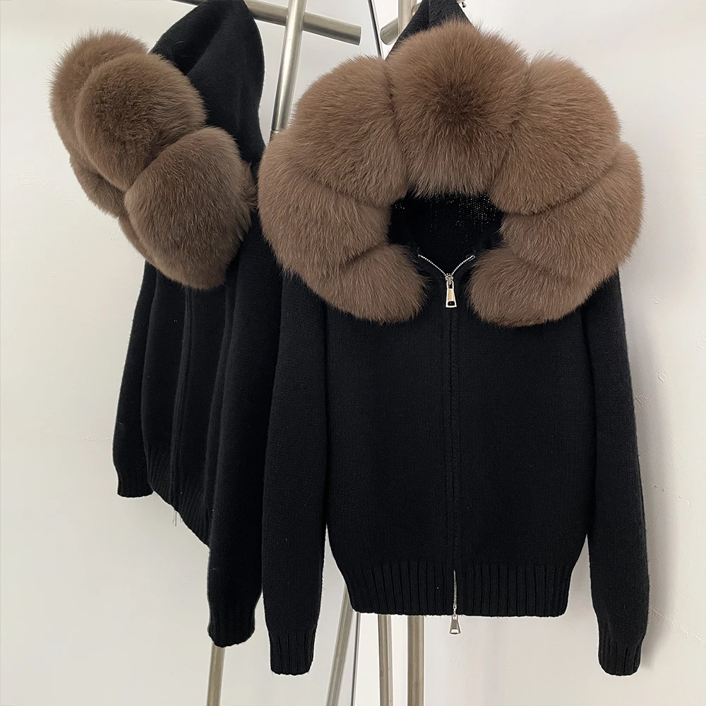 Womens Wool Blend Sweater Oversized Knit Natural Fox Fur Coat Women Real Fur Collar Knitwear Female Spring Autumn Hooded Knitted - view 4