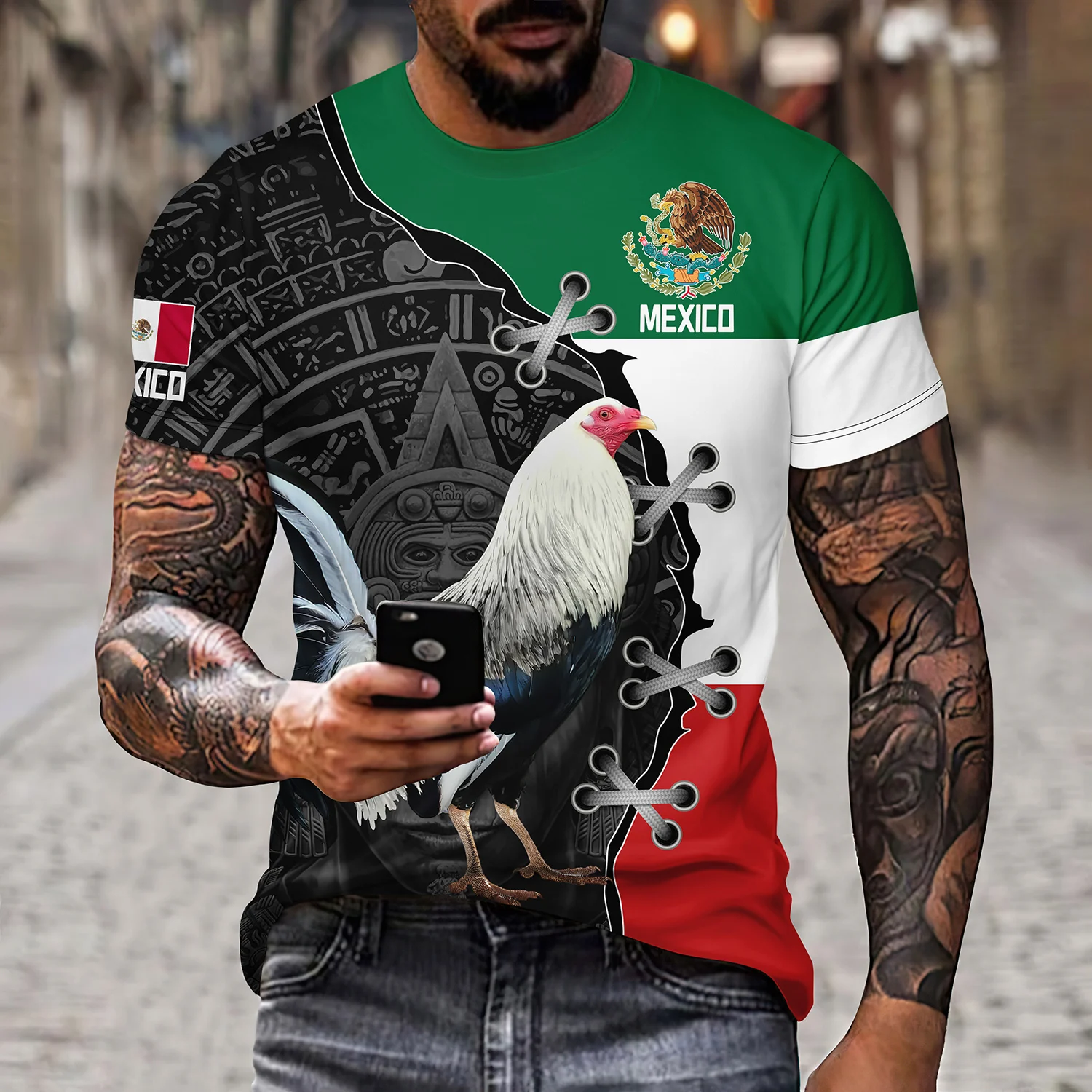 Mexican Flag Pattern T-shirt Summer Casual Pullover Men\'s Fashion Loose T-shirt Short Sleeve Top