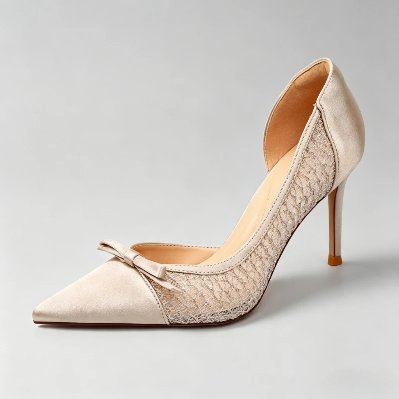 

Butterfly Knot Satin Elegant High Heels Woman Pointed Toe Pumps Effect Top Hollow Sequin Designer Stiletto Heels Dress Shoes