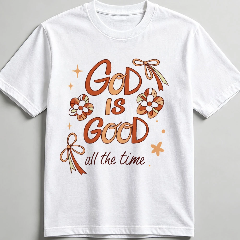 Retro Doodle God Is Good All The Time Slogan With Orange Bow Flowers Print Men T Shirt Cute Christian Aesthetic Graphic Tee