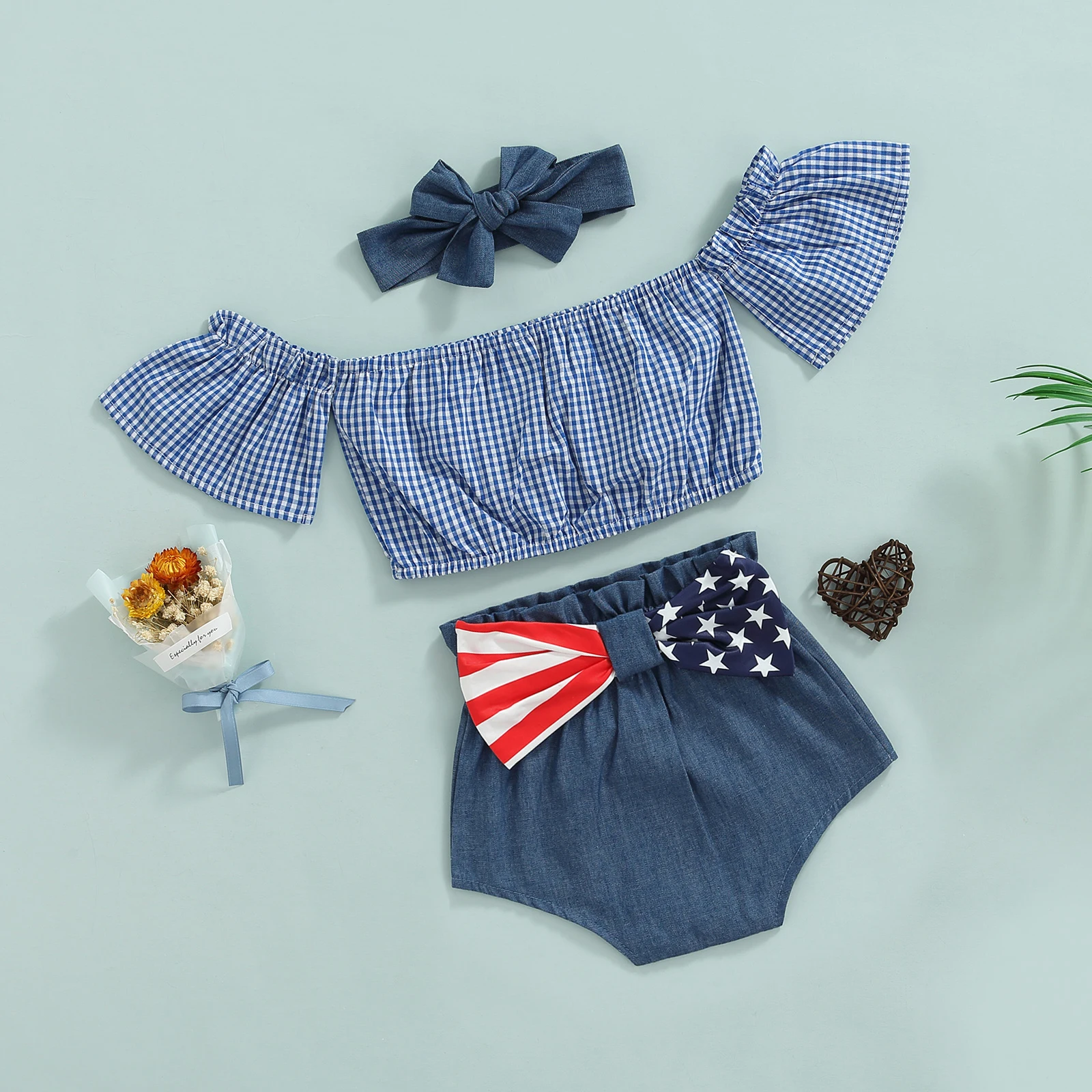 2022-04-11 Lioraitiin 0-24M Toddler Baby Girl 4th of July Baby Girls Outfit Plaid Off-Shoulder Crop Tops Snaps Pantie Hairband